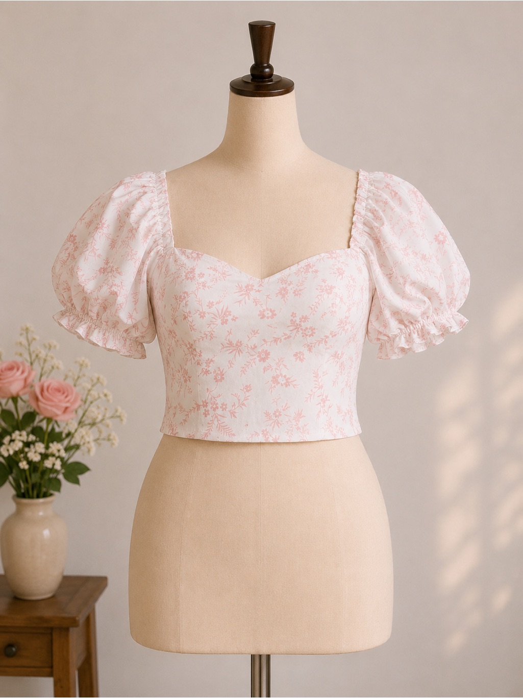 & Other Stories Pink Floral Puff-Sleeve Sweetheart Crop Top